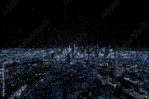 Futuristic cityscape visualized with data network, AI surveillance and smart city technology concept