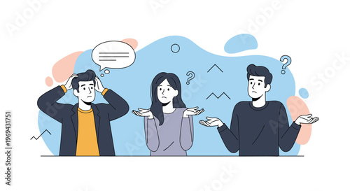 Group of confused people shrugging their shoulders with speech bubbles and question marks against an abstract wavy background.