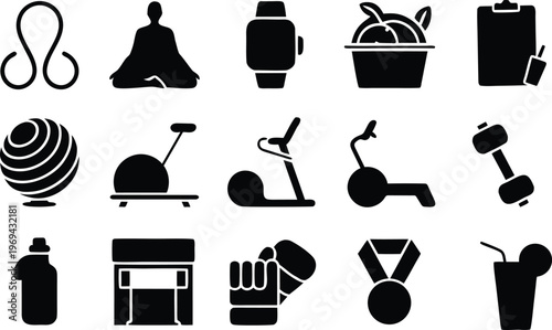 Fitness and wellness icons set featuring gym equipment workout tools healthy nutrition yoga meditation and athletic lifestyle elements for sports branding and design
