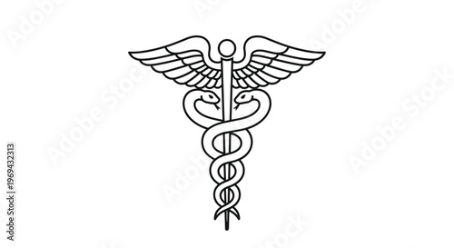 Classic medical caduceus symbol featuring two snakes entwined around a winged staff in simple black and white line art style.