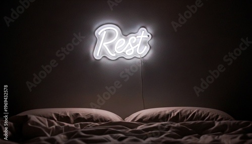 Photograph of a dimly lit bedroom with a neon sign reading 