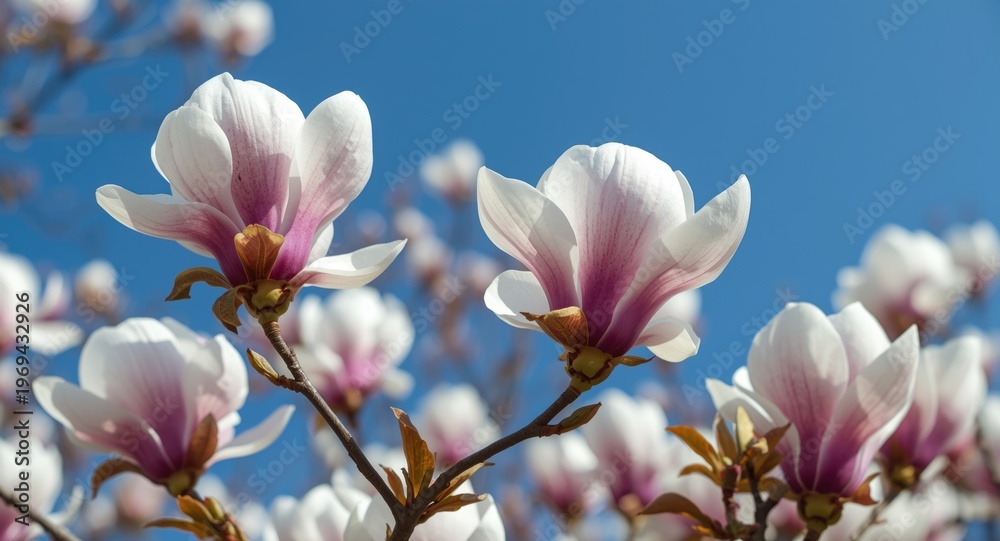 Obraz premium Yulan magnolia blooms thriving fully with crisp blue sky behind