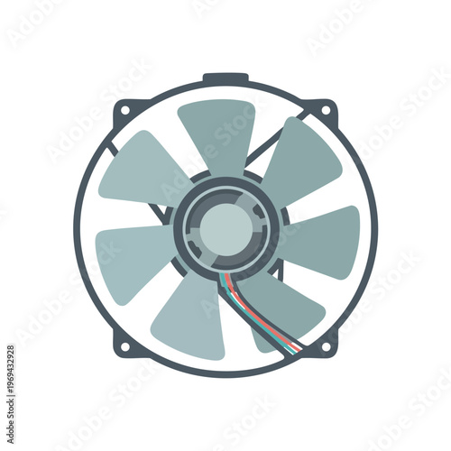 A stylized illustration of a circular fan with light blue blades and grey housing