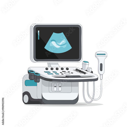 Medical ultrasound machine with probe and screen displaying fetal image