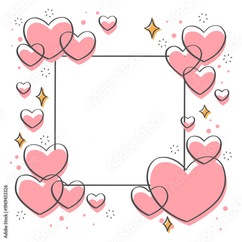 A digital illustration of a square frame surrounded by pink hearts and gold stars on a white background