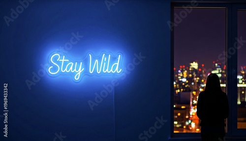 A photograph shows a neon blue sign reading 