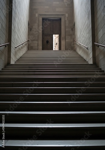 Monumental staircase leading to an open doorway in a stone building