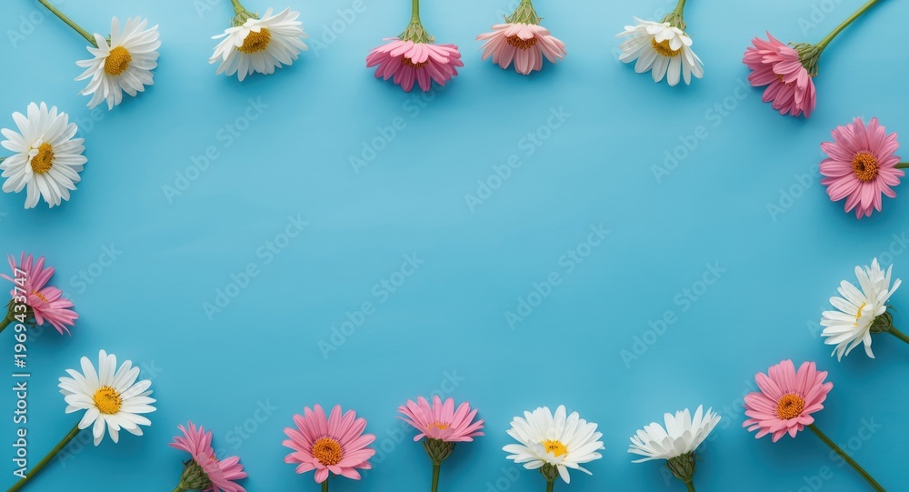 Fototapeta premium Overhead shot of bright white and pink flowers arranged on large blue background for text