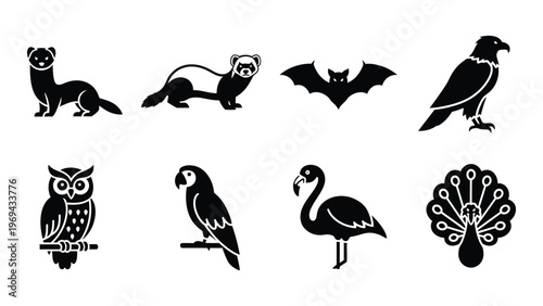 A collection of black animal silhouettes including a ferret bat owl flamingo and peacock silhouette high quality professional detailed modern elegant