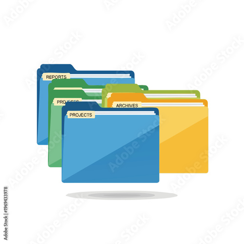 Stacked folders labeled reports, projects, and archives on white background