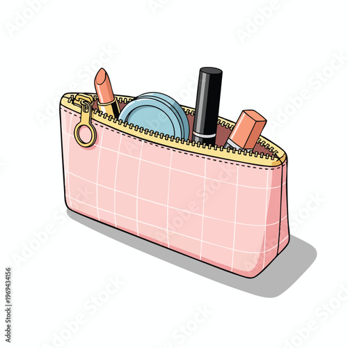 Pink toiletry bag with open zipper, revealing makeup items like lipstick