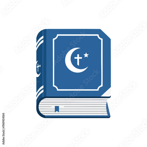Closed book with cross inside crescent moon and star symbol