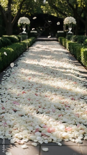 Pathway Adorned with Fallen Petals in a Verdant Garden Setting