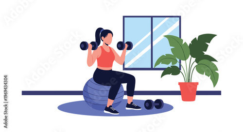 Active woman sitting on a fitness ball and lifting dumbbells for strength training in a bright room with a plant and window view.