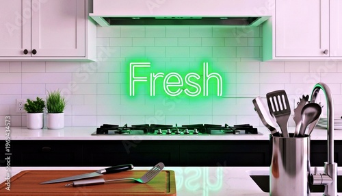 A modern kitchen with white cabinets, a green neon 