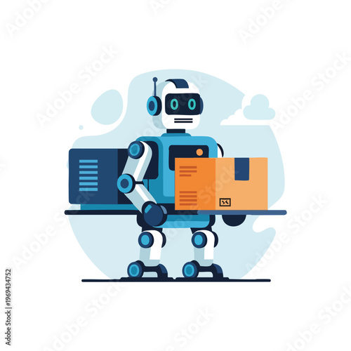 Robotic delivery service Blue robot holds package and data device