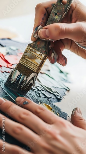 Person crafting artwork by applying vibrant paint hues with a brush