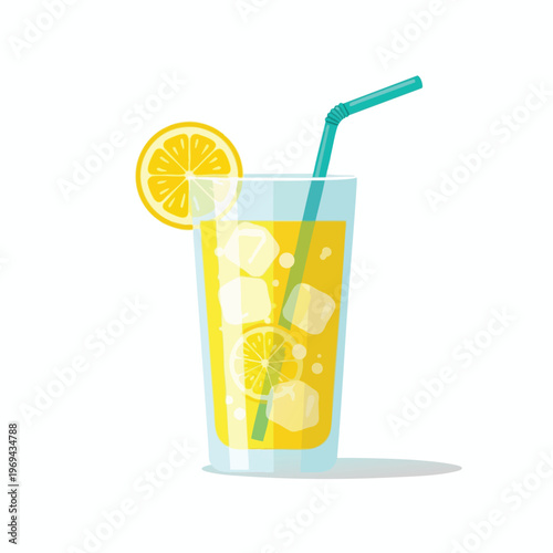 Tall glass of yellow beverage with ice, lemon slice, and straw