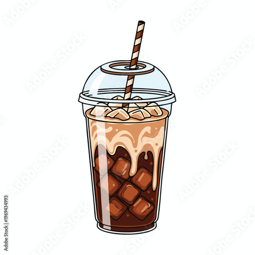 Iced coffee drink in a clear plastic cup with a domed lid and straw