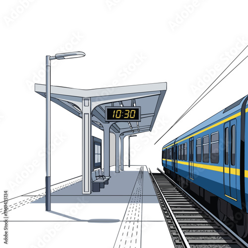 Train station with a blue train waiting at the platform, digital clock shows 1030