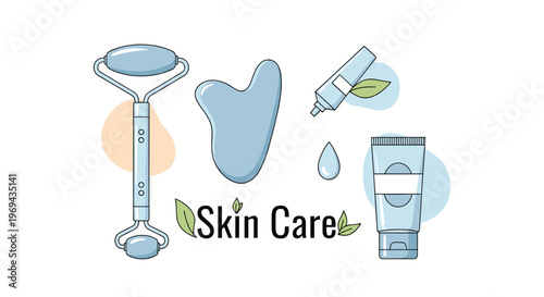 Skin care product set featuring a jade roller, gua sha tool, cream tube, and serum bottle with green leaf accents on a white background.