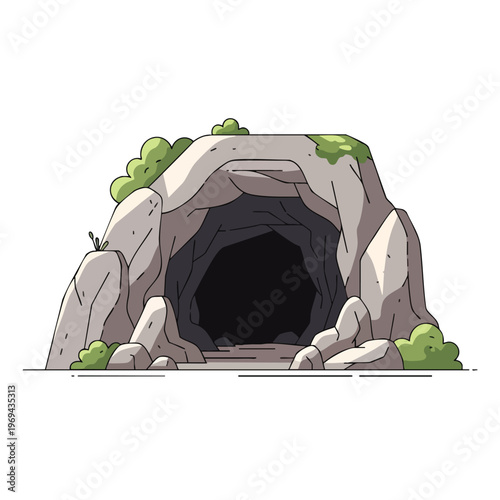 A cartoon illustration depicts a dark cave entrance in a rocky hillside with green bushes