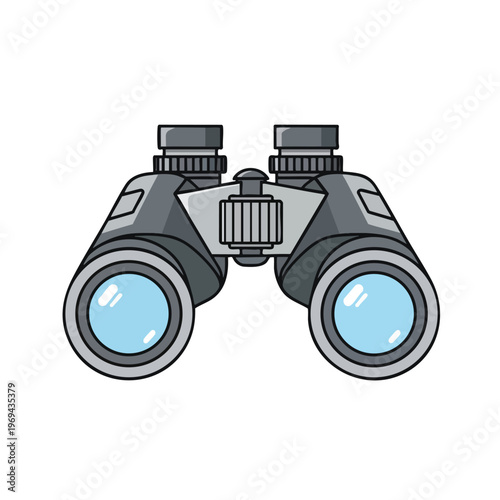 Gray binoculars with blue lenses, focus wheel, and textured grips