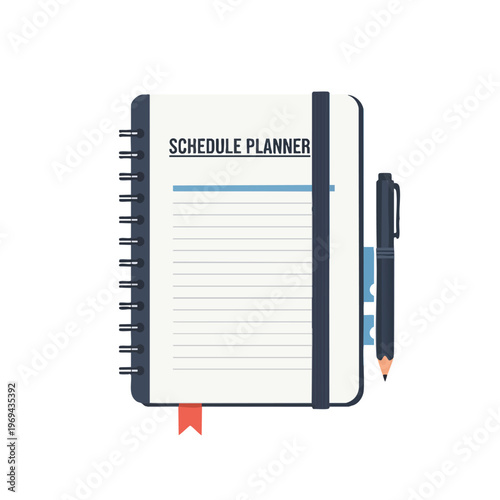 Open schedule planner with lined pages, a pen, and a pencil attached