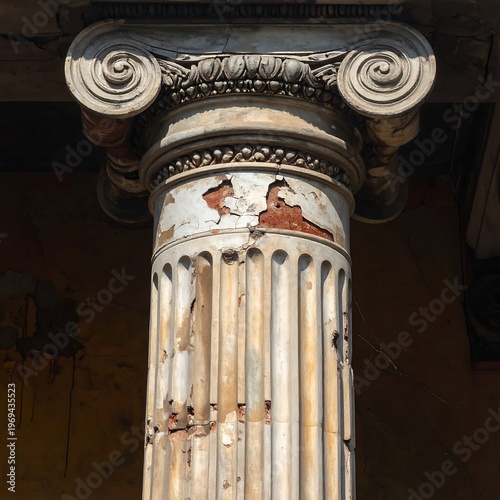 A weathered ancient stone column with intricate carvings and scrollwork