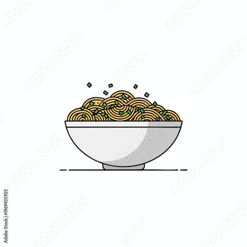 A white bowl filled with swirling noodles and chopped green onions