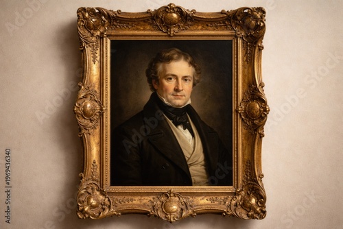 Vintage carved gold picture frame with old portrait on plain background