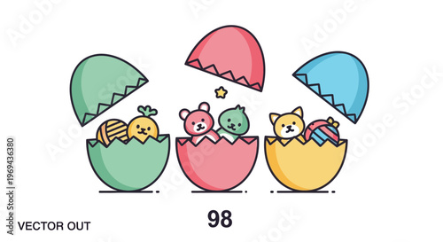 Cute cartoon cats in eggshells hatching.