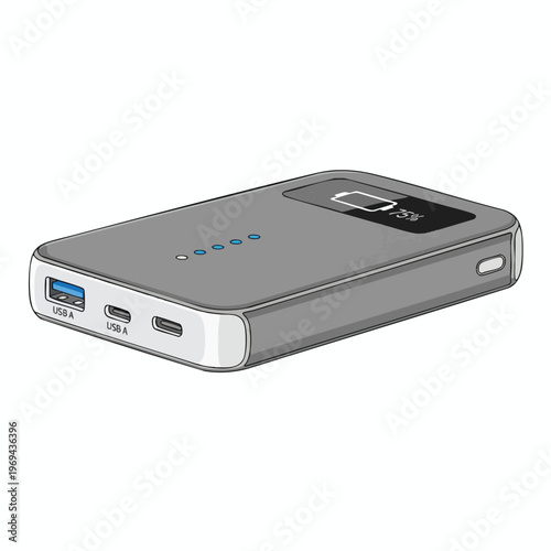 Gray power bank with USB-A and USB-C ports, battery indicator at 75%