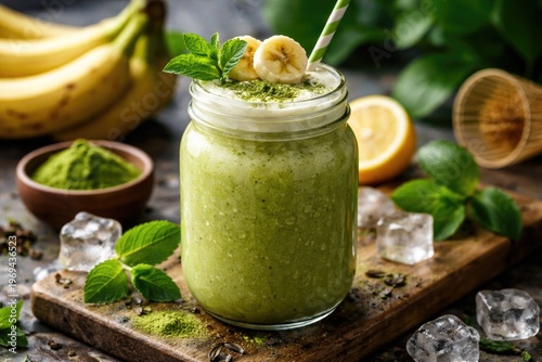 Refreshing banana and matcha tea smoothie in a glass jar with vibrant green tea and creamy fruit blend