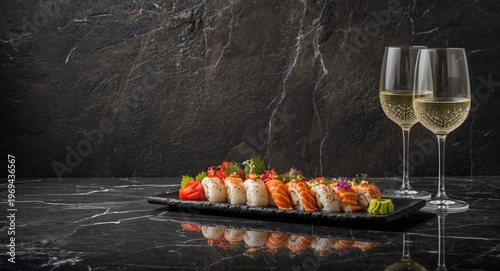 Sumptuous sushi and white wine glasses placed on a textured dark stone backdrop with extended copy space for luxurious meal concepts