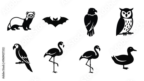 A collection of various black animal silhouettes including a ferret bat owl flamingo and duck silhouette high quality professional detailed modern