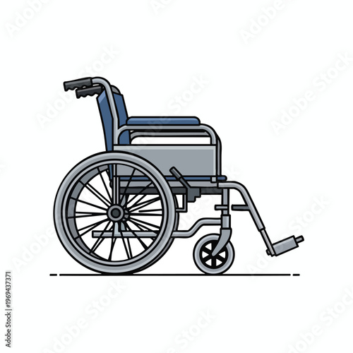 A simple, flat illustration of a gray and blue manual wheelchair on a white background
