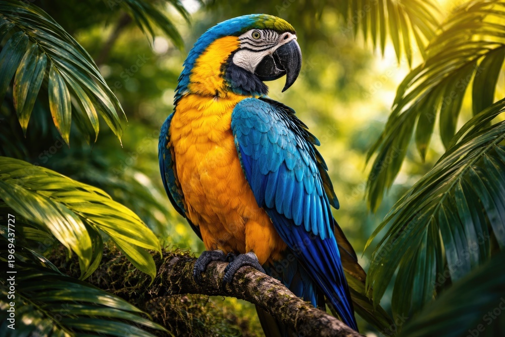 Obraz premium Colorful blue and yellow macaw perched among tropical leaves