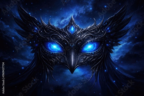 Intricate Mask With Glowing Sapphire Eyes Under Midnight Sky