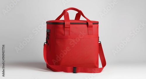 Red insulated non woven cooler bag equipped with slip pocket and included template