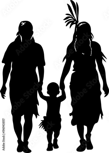 Silhouette of an Indigenous Family Walking Together with a Small Child