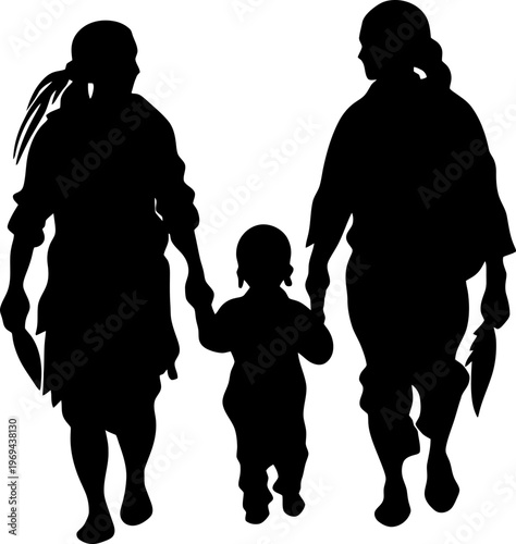 Silhouette of an Indigenous Family Walking Together with a Small Child