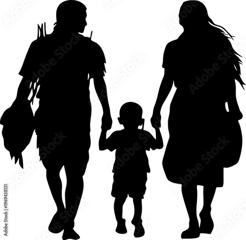 Tribal Family Group Illustration of Mother Father and Child Walking in Silhouette