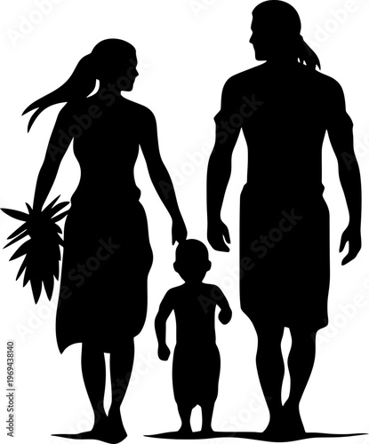 Tribal Family Group Illustration of Mother Father and Child Walking in Silhouette