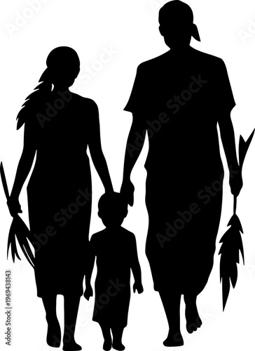 Tribal Family Group Illustration of Mother Father and Child Walking in Silhouette