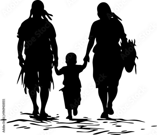 Silhouette of an Indigenous Family Walking Together with a Small Child