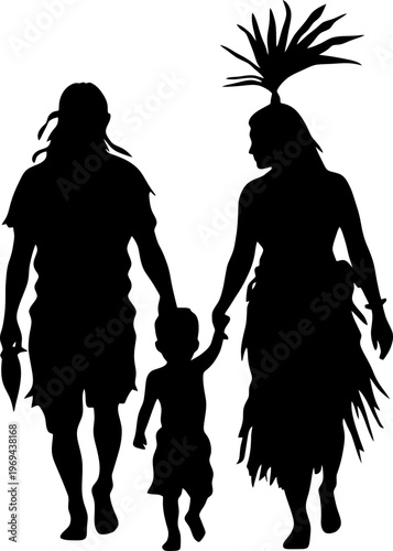 Silhouette of an Indigenous Family Walking Together with a Small Child