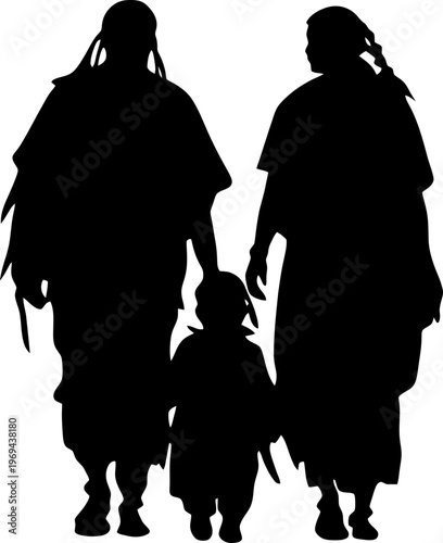 Silhouette of an Indigenous Family Walking Together with a Small Child