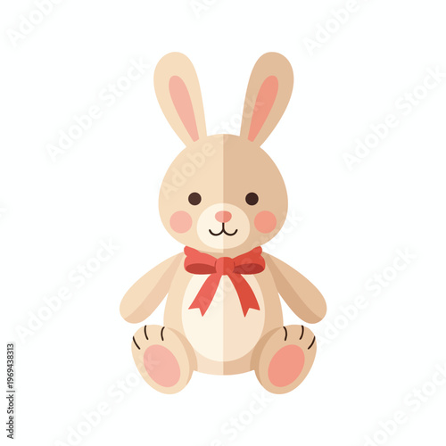 A cute cartoon bunny with big ears, rosy cheeks, and a red bow sits