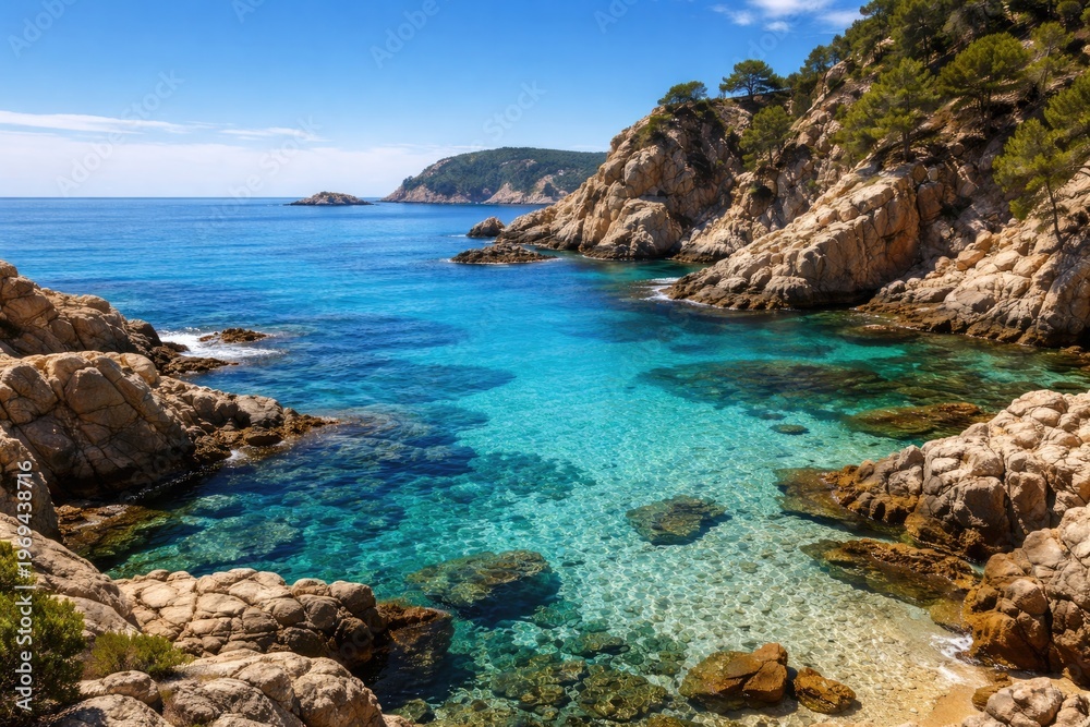 Fototapeta premium Scenic coastal landscape featuring clear blue sea and rugged rocky formations